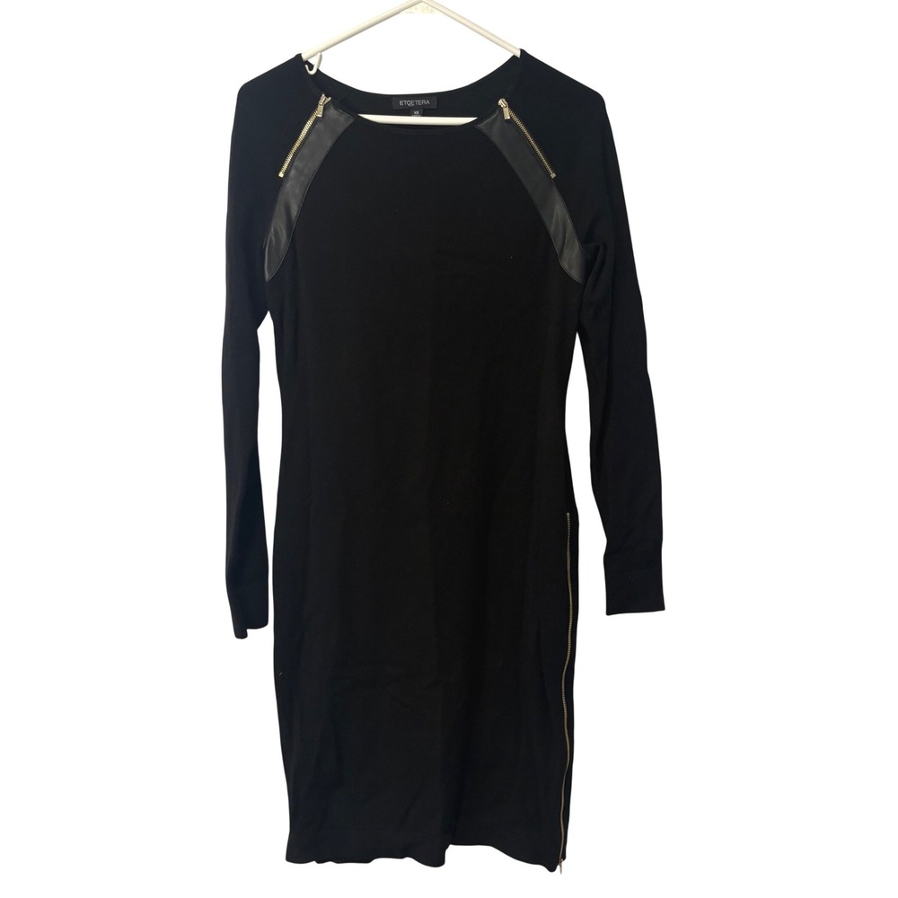 Etcetera Black Knit Long Sleeve Faux Leather Trim Zip Sheath Dress XS Monochrome